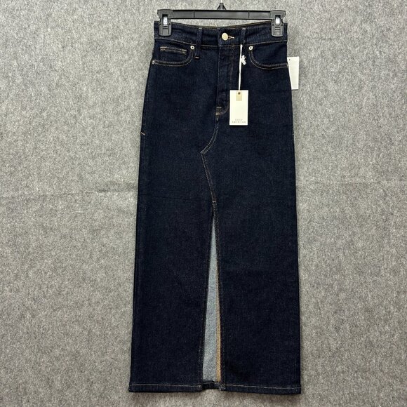 Good American Slit Front Midi Jean Skirt Women's Size 0 / 25 Dark Wash Denim NWT - Picture 1 of 11